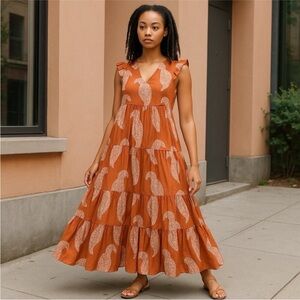 EUC Wonderly Large Tiered Maxi Dress Women Orange 12 14